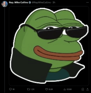 A screenshot of Collins’ response to a put up from @unusual_whales on X highlighting Monday’s disclosures. The Pepe the Frog meme is the postulate for the third greatest memecoin PEPE which has a market cap of about $8.6 billion. (@RepMikeCollins/X)